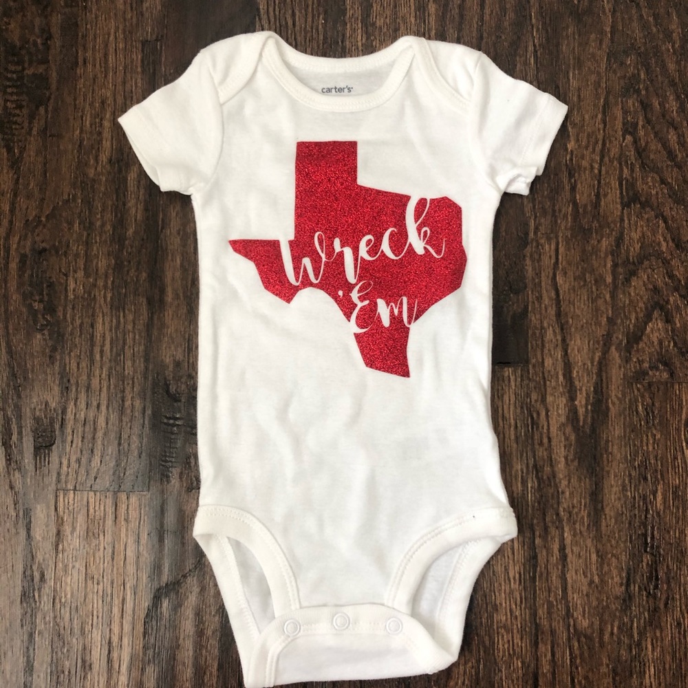 White and red glittered baby onesie Wreck'Em